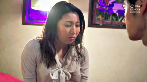 Frustrated Asian woman in gray blouse, emotional talk in JAV scene SSPD-165